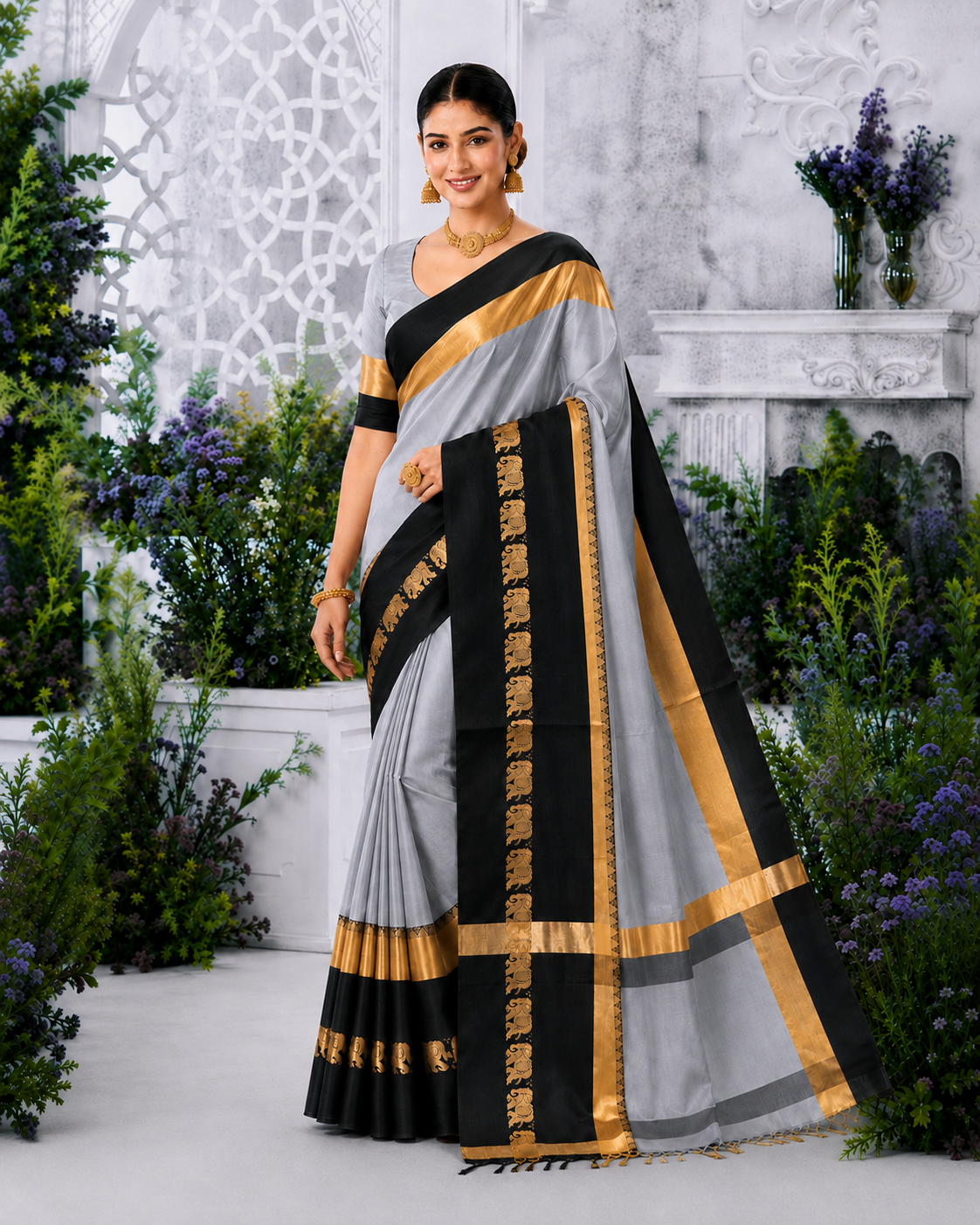 Grey & Black Gadwal Saree with Royal Elephant Border