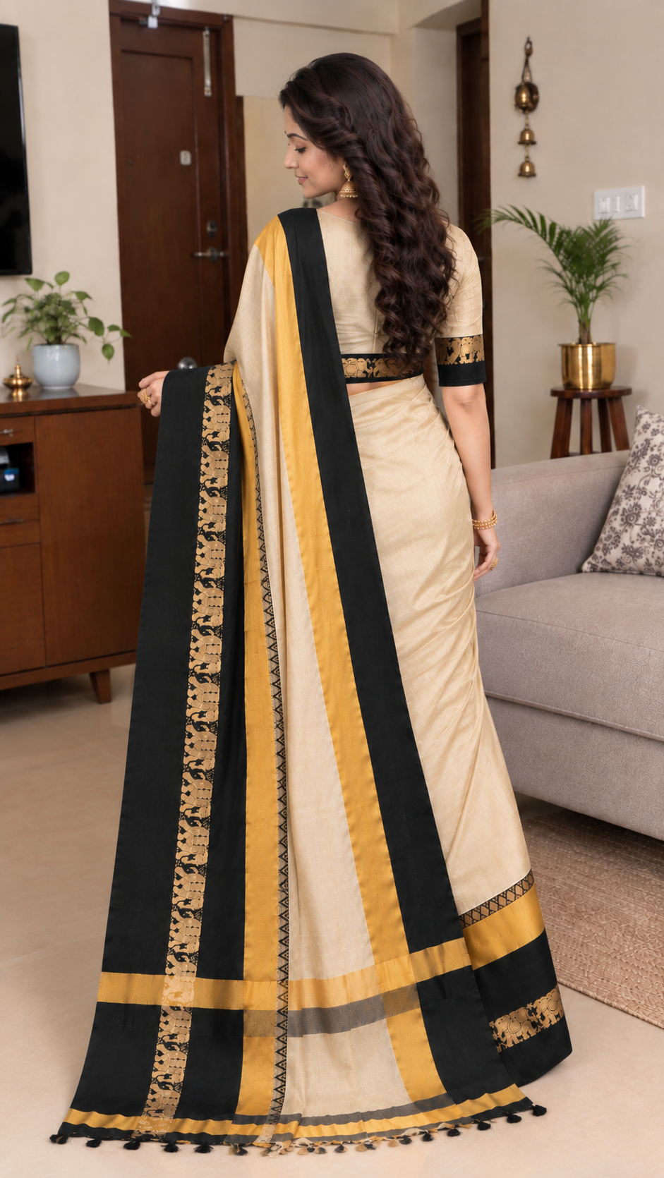 Beige & Black Hathi Design (Elephant) Cotton Silk Saree