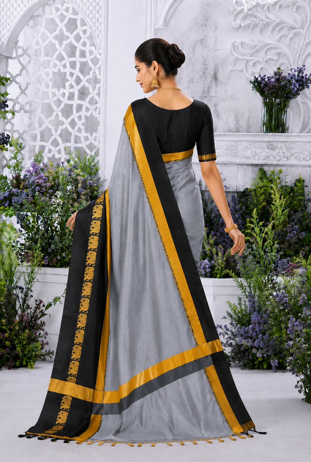 Grey & Black Gadwal Saree with Royal Elephant Border