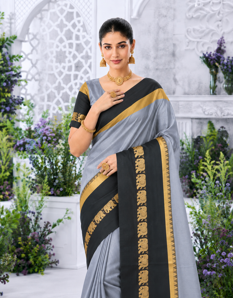 Grey & Black Gadwal Saree with Royal Elephant Border